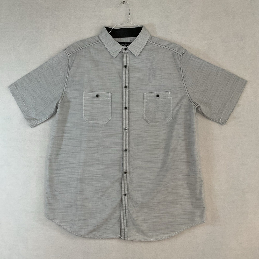 Beverly Hills Polo Club Shirt Mens 2XLB Gray White Stripe Button Up Short Sleeve